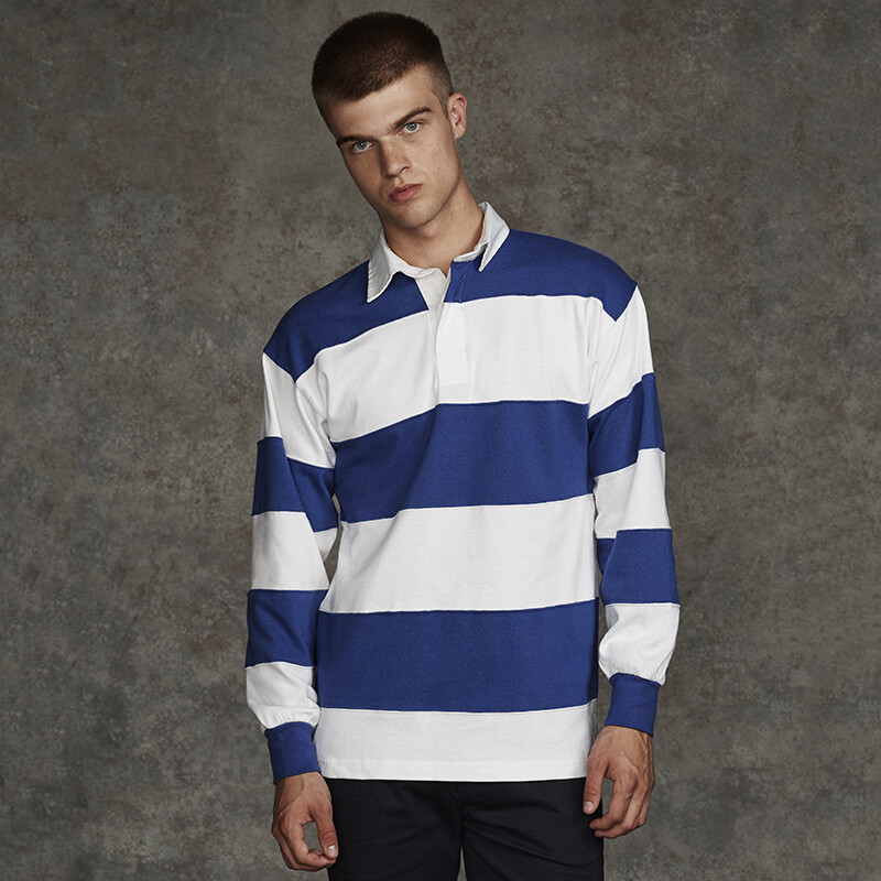 Front Row Men's Long Sleeve Rugby Shirt - Sewn Stripe Design In Duck Egg/Navy, Traditional Fit