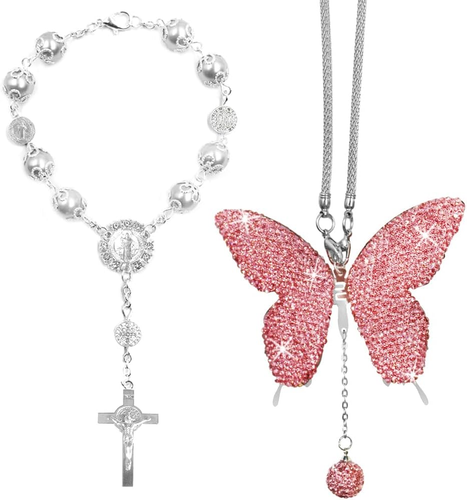 2 Pcs Rear View Mirror Accessories for Women, Bling Butterfly Diamond Car Mirro