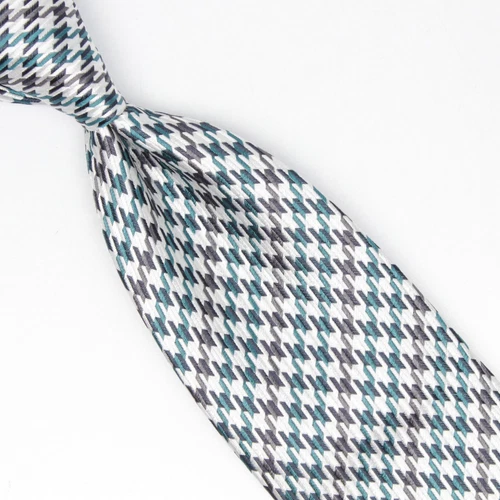 Josiah France Mens Silk Necktie Green Gray White Houndstooth Check Weave Tie