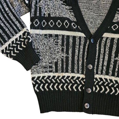 Vintage 80s Mens Medium Grandpa Cardigan Geometric Black White Leather Patches - Picture 2 of 11