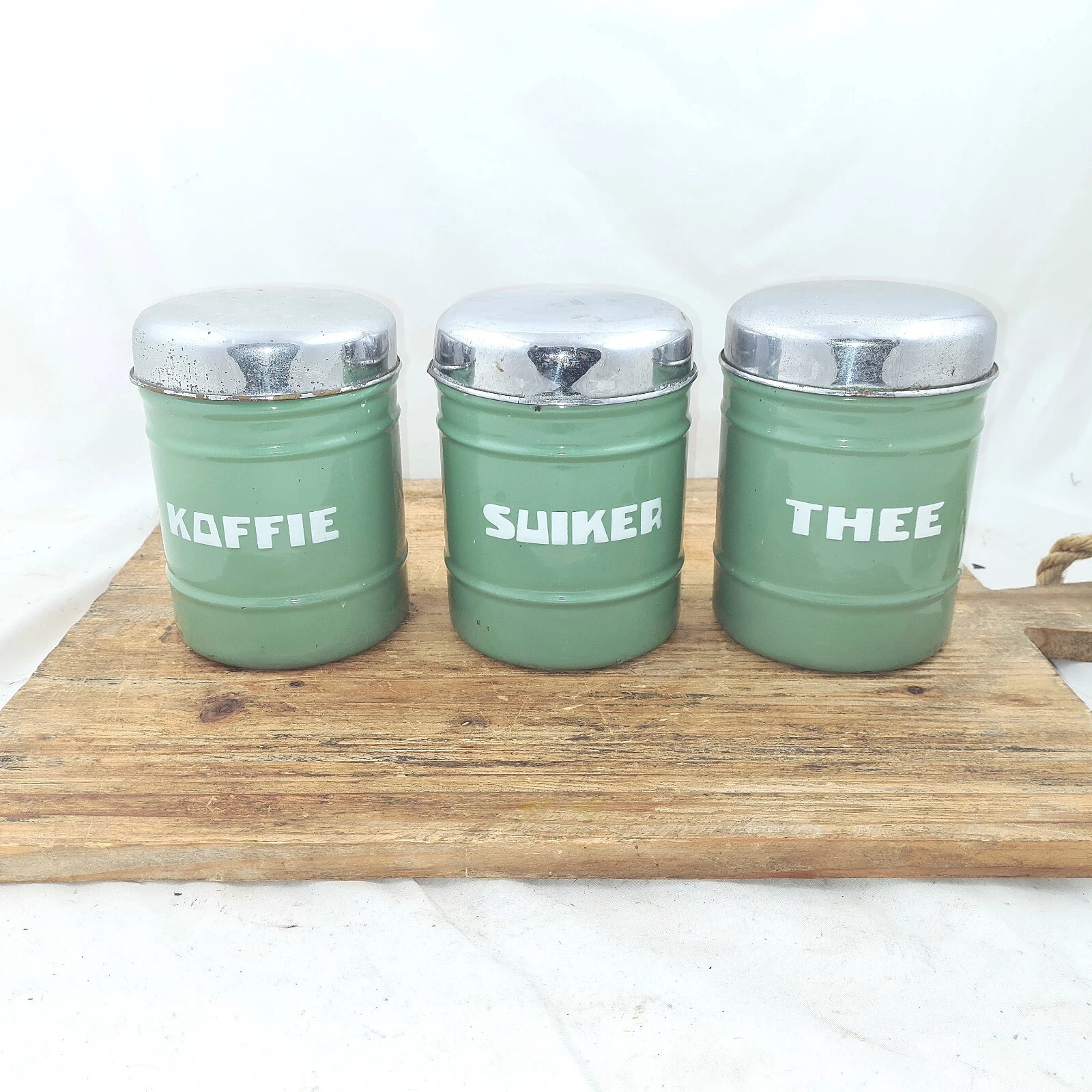 Vintage CANISTER SET Enamelware Coffee Sugar Tea Reseda green Enamel Jars