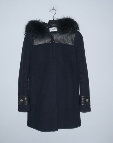 CLAUDIE PIERLOT Womens Real Fur Navy Wool Leather Coat GREAT Jacket Size 36
