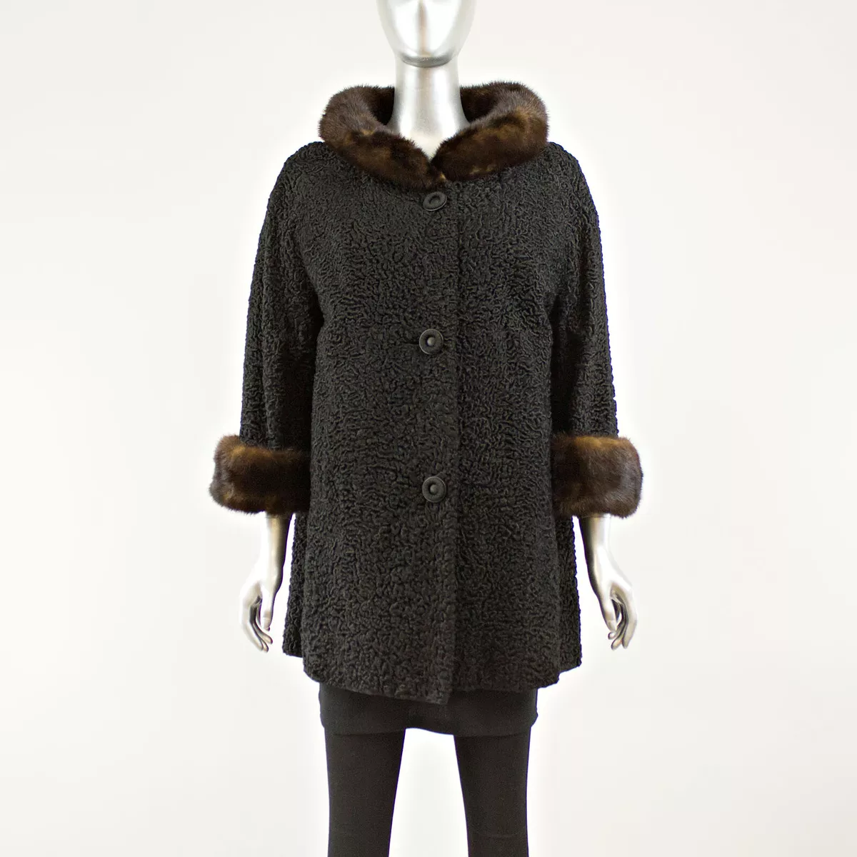 Black Persian Lamb Coat Swing Mink Collar and Cuffs Size L
