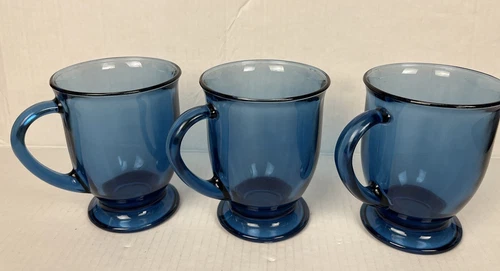Set of 3 Vintage Cobalt Blue Anchor Hocking USA Coffee Cafe 5" Mugs Cup Glass