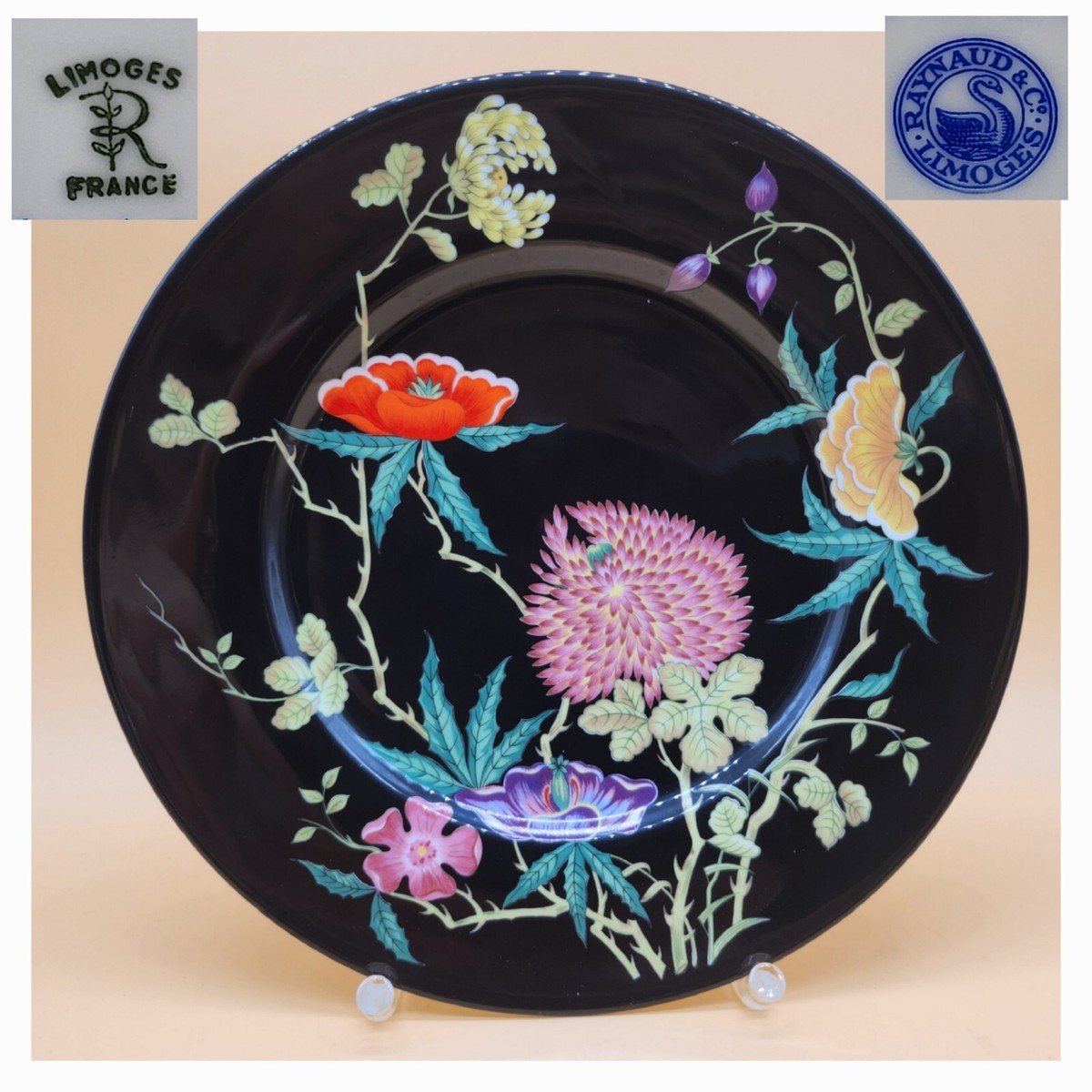 フランス製 Limoges ❁﻿fleur❁﻿美しいレリーフのディナープレート RAYNAUD & Co. LIMOGES FRANCE Exotic Flowers Black Plate 10.5