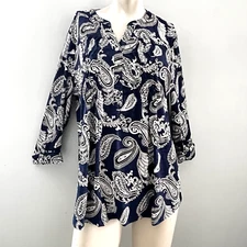 New Directions Womens Top XL Flow Boho Artsy Coquette Paisley Peasant Denim Look