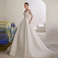 Appliques Wedding Dresses A Line Long Sleeve Bride Gowns Square Collar Open Back