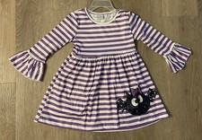 New Boutique Girl s Size 1-2 Yrs Purple White Halloween Striped Dress With Bat
