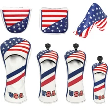 USA Flag Retro Golf HeadCover Fit Driver Fairway Hybrid Blade Mallet Putter Club