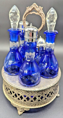 MERMOD JACCARD & CO CRUET SET COBALT BLUE CUT GLASS COMPLETE