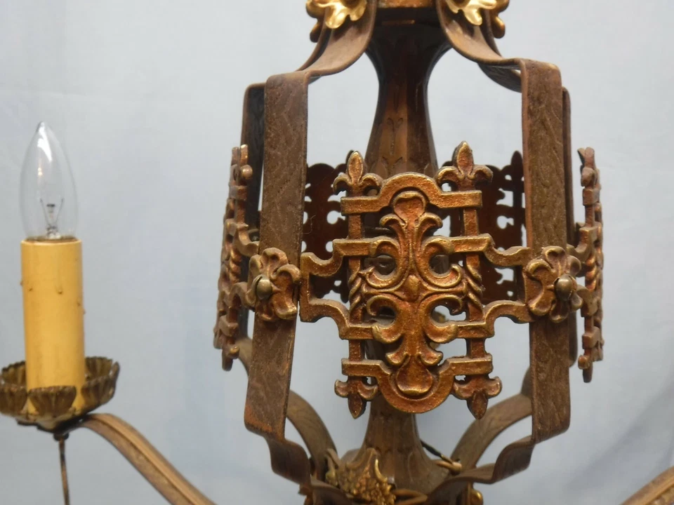 Antique Vintage Gothic Art Nouveau Spanish Rod Iron 5 Light Candle Chandelier - Image 4 of 4