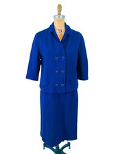Vintage 60s Suit Set Womens Large Mod Blue Textured Top Skirt Outfit