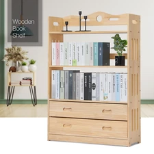 34"Kids Bedroom [BOOKCASE+2 DRAWER] Wooden 4-Tier Bookshelf Toys Storage Cabinet