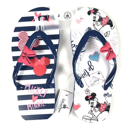 Disney Parks Kids Blue White Pink Bows Stripe Minnie Mouse Flip Flop Sandal Sz 2