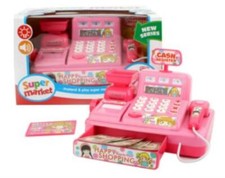 Cash Register Children's Toy. Includes Supermarket Cash. - Pink.