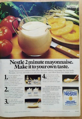 Nestle Condensed Milk Magazine Advertisement 2 Minute Mayonnaise 80s Recipe 1984