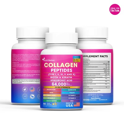 Collagen Peptides Pills 1000mg Hydrolyzed Anti Aging Capsules Types I,II,III,V,X