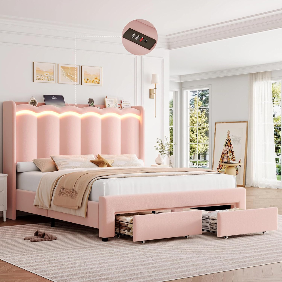 Pink Velvet Queen Bed Frame with Led&Charging Station&Storage Drawers ...