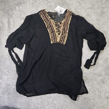 Amarje Black 100% Silk Embellished Beaded Blouse Top Size S Boho Never Worn