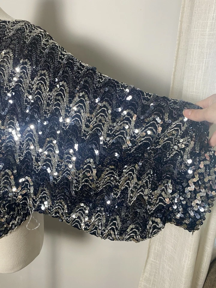 Blusa Camisa Mujer’s/70’s Miss H Lentejuelas De Colección S-L Negra Plateada Disco Foto 3 de 4