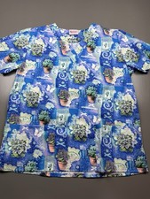fashion scrubs brand women's scrub top size small plant design v-neck blue