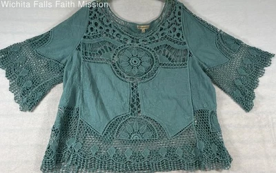 Democracy Women's Teal Crochet Lace Boho Peasant Bell Sleeve Blouse Top Sz M - Image 1 of 2