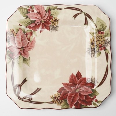 222 Fifth Yuletide Celebration Porcelain Square 11'' Dinner Plate POINSETTIA