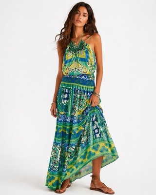 Hale Bob Silk Maxi Dress Medium Green Blue Abstract Halter Sleeveless Boho