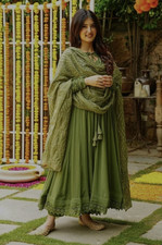 Handmade Women s Green Chiffon Anarkali Salwar Kameez Suit Dupatta One Size Larg