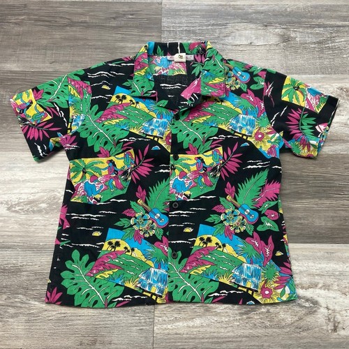 Vintage West Trends Luau AOP Pink Blue Multicolor Boys 16 L Hawaiian Shirt USA