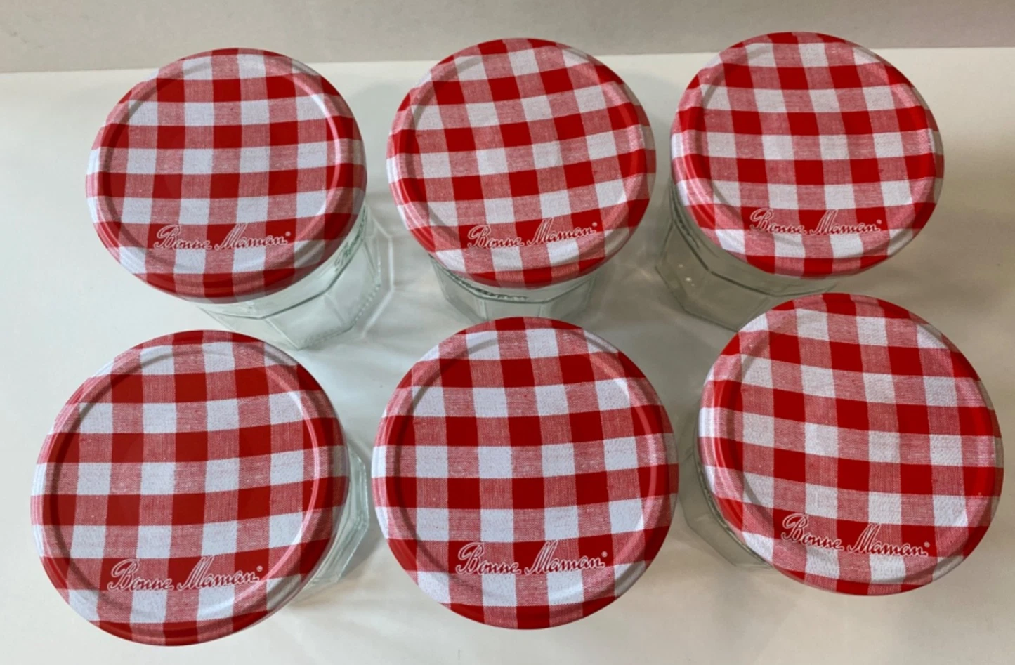 Lot of 6 Empty Bonne Maman 13 oz Glass Jam/Jelly Jars with Red Lids for Crafts