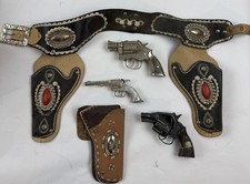 Vintage Cowboy Cap Gun Lot 3 Toy Pistols  Tooled Leather Holster Belt