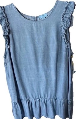 New Cece Chambray Denim Dress 24 Ruffle Cap Sleeve Round Neck Shift Lightweight