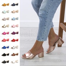 Womens ladies mid chunky heel summer peep toe mules sandals flip flops size