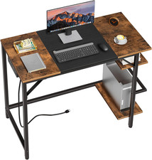 Computer Desk, Home Office Desk with Power Outlet, Writing Desk with 2 Shelves,