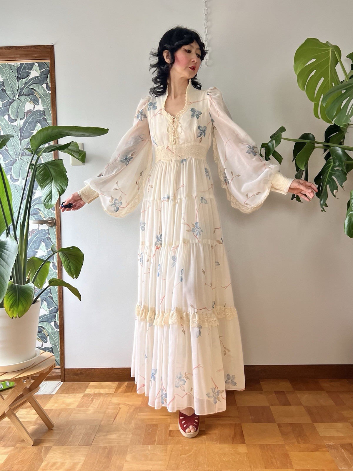 RARE VTG 70s Gunne Sax Dogwood Lace Up Corset Balloon Sleeve Prairie Maxi Dress image 2