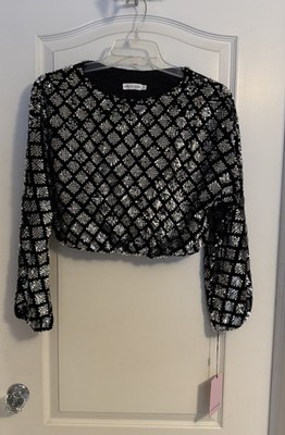 NWT Avec Les Files XS Cropped Black And Silver Sequin Harlequin Blouse Party