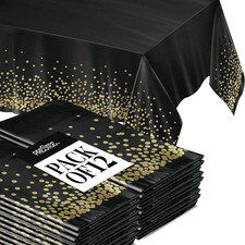 12-Pack Black and Gold Dots Disposable Tablecloths   108X54 Inch Waterproof Plas