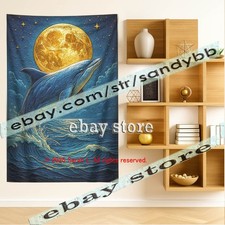 Night ocean wall tapestry dolphin art 39X59 in