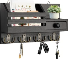 Key Holder Wall Mount, Wooden Adhesive Mail and Organizer Small, Black 