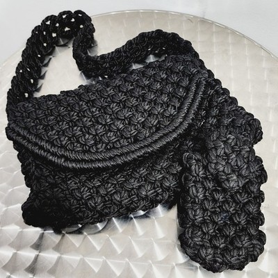 Black Knit Crochet Wool Classic Baguette Shoulder Bag Chunky Open stitch Lined