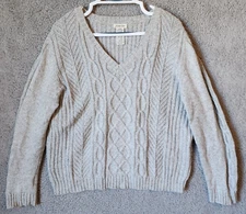 St. Johns Bay Women's V Neck Cable Knit Sweater Metallic Gray Angora Blend Sz XL