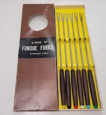 Retro Mid Century Modern Fondue Forks Set of Six Japan Wood Handles Boxed 10.25"