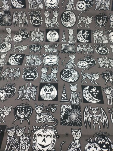 Calavera Cat Fabric on Grey Sugar Skull Kitty Bats Pumpkins Halloween Moon BTY - Picture 1 of 6