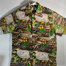Vtg Waikiki 7s Mens Aloha Tiki Camp S/S Hawaiian Beach Vacation Shirt M