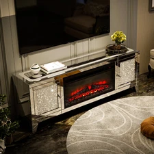 COSVALVE 59"Mirrored Fireplace TV Stand Entertainment Center Crush Diamond 2Door