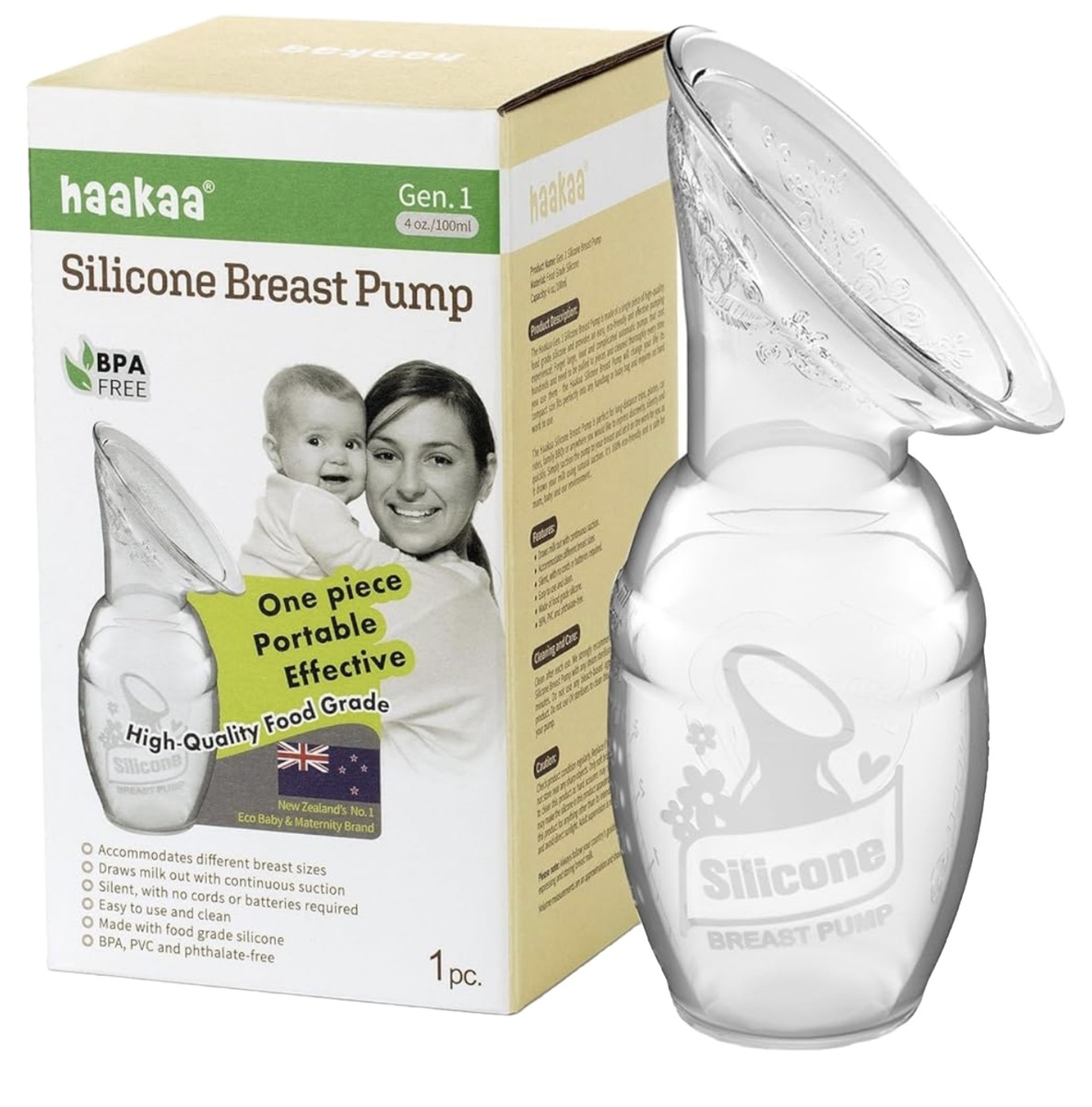 haakaa Manual Breast Pump for Breastfeeding, Silicone, Clear 4oz