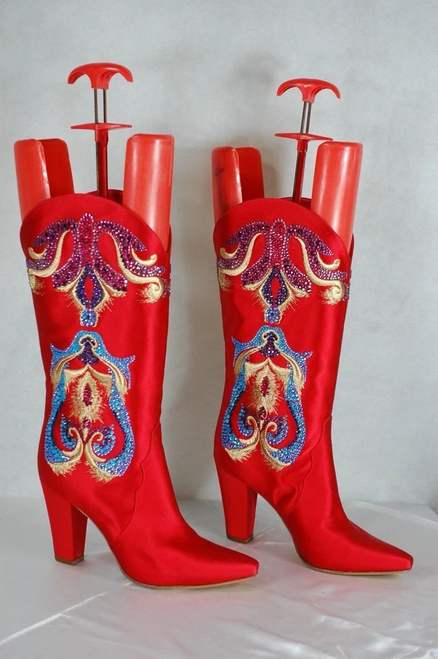 35 США 5❤️$1895 CASADEI КРАСНОЕ ЗОЛОТО СИНИЙ АТЛАСНАЯ КОЖА КРИСТАЛЛ КОЛЕНА КАБЛУКАХ БОТИНКИ - Изображение 4 из 4