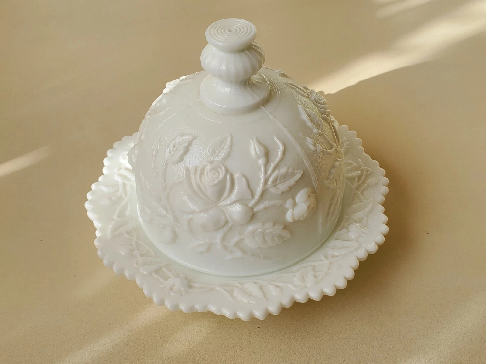 Vintage Imperial Milk Glass Covered Butter or Cheese dish. Rose. White.