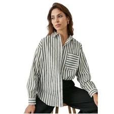 AYR Shirt Women Medium Green White Stripe The Deep End Button Down Preppy Retro